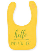 Hello I'AM NEW HERE – Larkwood Baby/Toddler Bib in Sunflower with Baby Blue vinyl