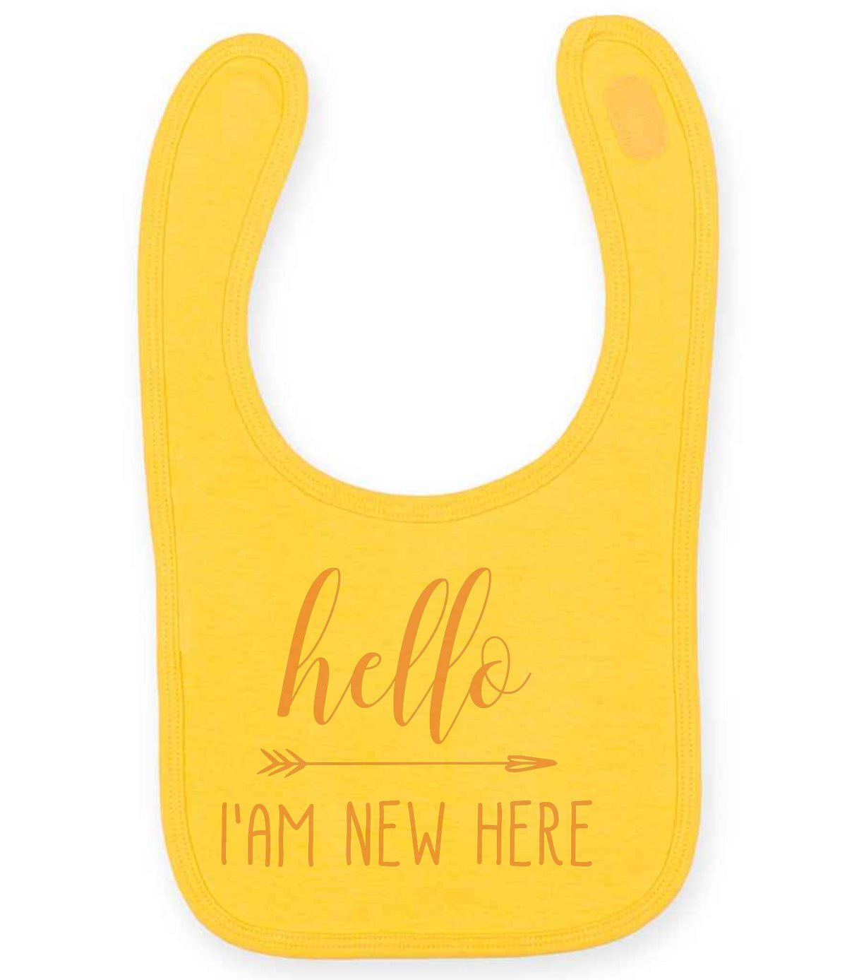 Hello I'AM NEW HERE – Larkwood Baby/Toddler Bib in Sunflower with Baby Pink vinyl