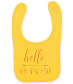 Hello I'AM NEW HERE – Larkwood Baby/Toddler Bib in Sunflower with Baby Pink vinyl