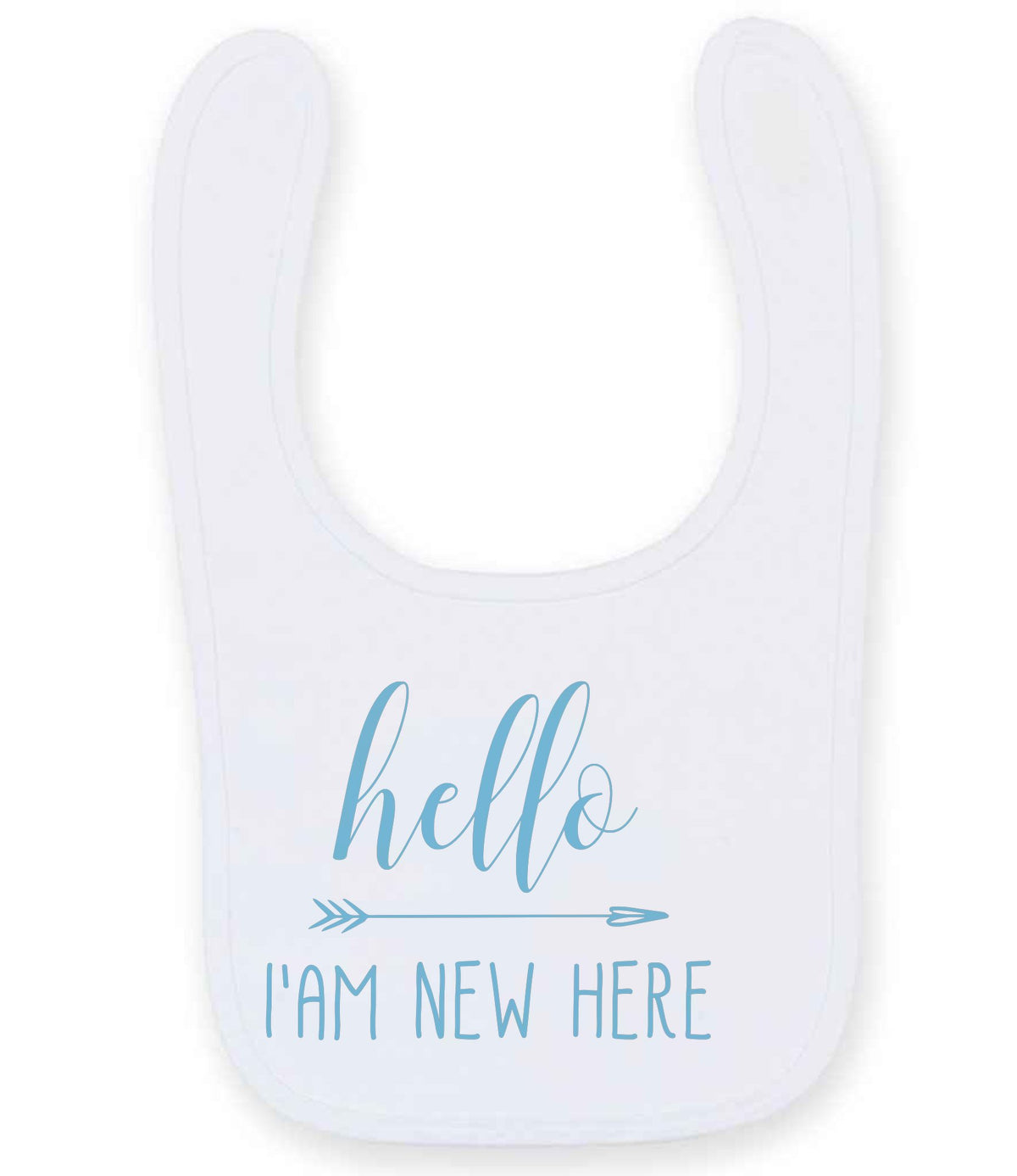 Hello I'AM NEW HERE – Larkwood Baby/Toddler Bib in White with Baby Blue vinyl