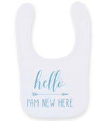 Hello I'AM NEW HERE – Larkwood Baby/Toddler Bib in White with Baby Blue vinyl