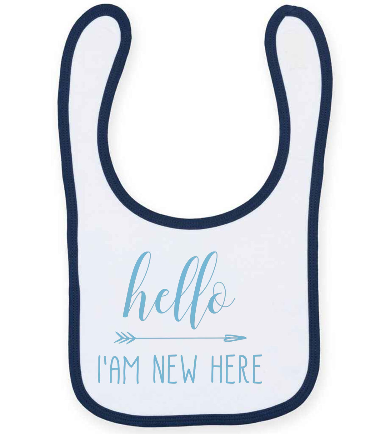 Hello I'AM NEW HERE – Larkwood Baby/Toddler Bib in White/Navy with Baby Blue vinyl