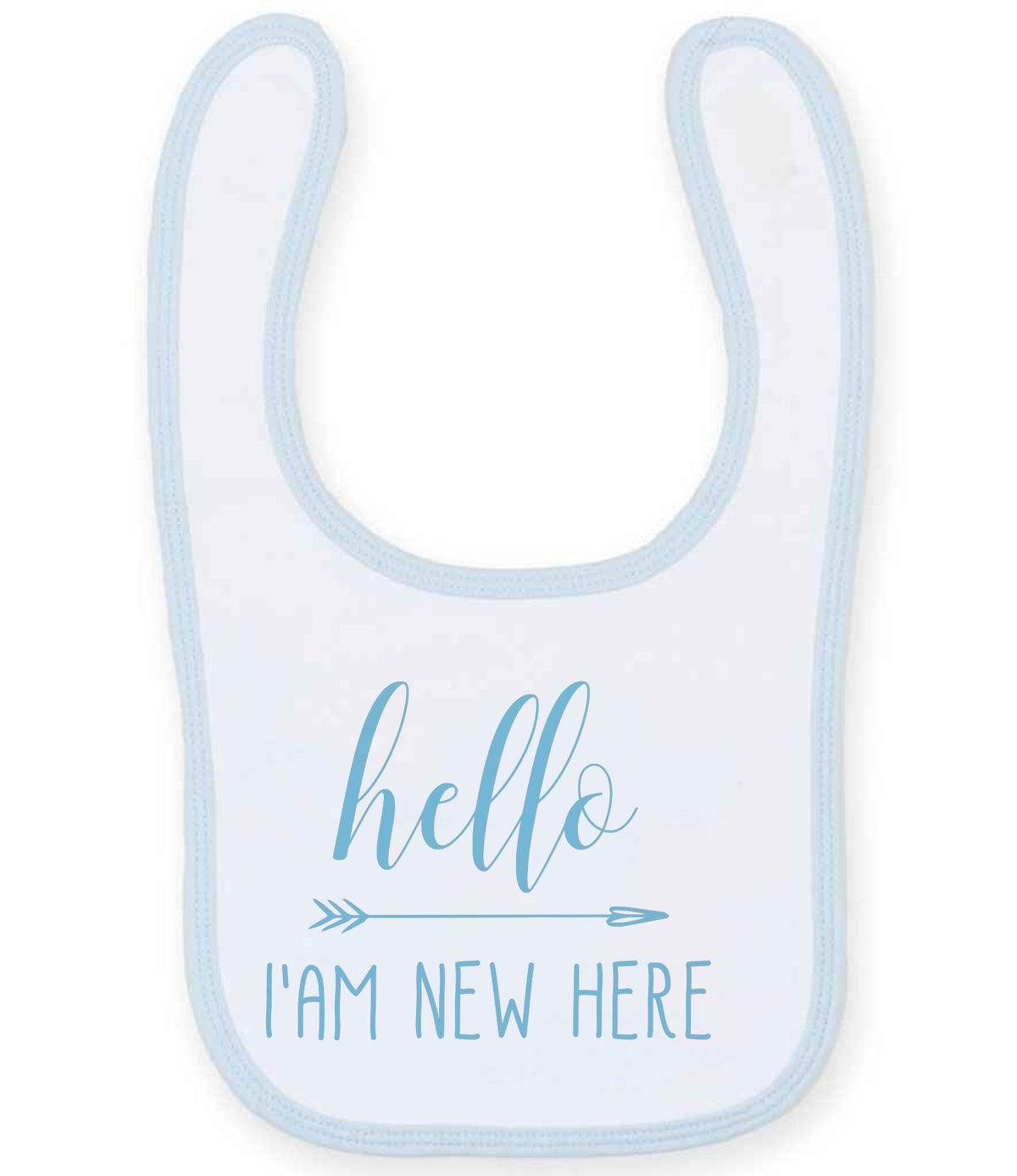 Hello I'AM NEW HERE – Larkwood Baby/Toddler Bib in White/Pale Blue with Baby Blue vinyl