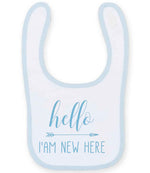 Hello I'AM NEW HERE – Larkwood Baby/Toddler Bib in White/Pale Blue with Baby Blue vinyl