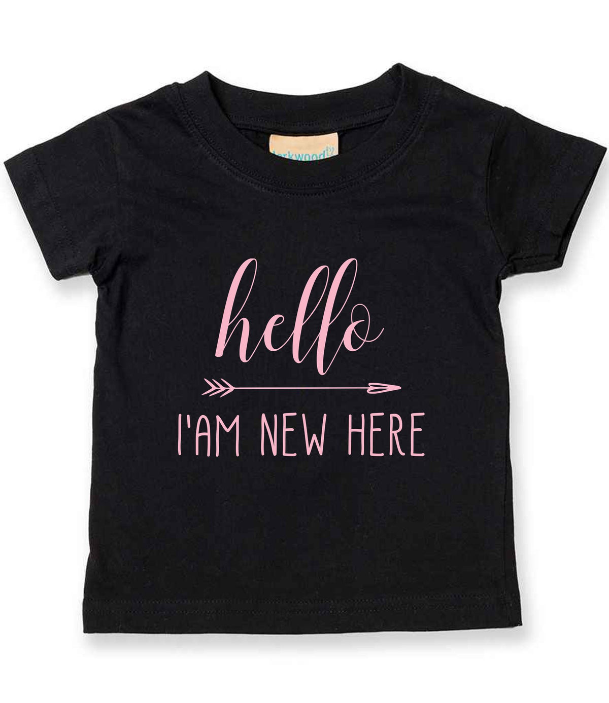 Hello I'AM NEW HERE – Baby T-Shirt in Black with Baby Pink vinyl