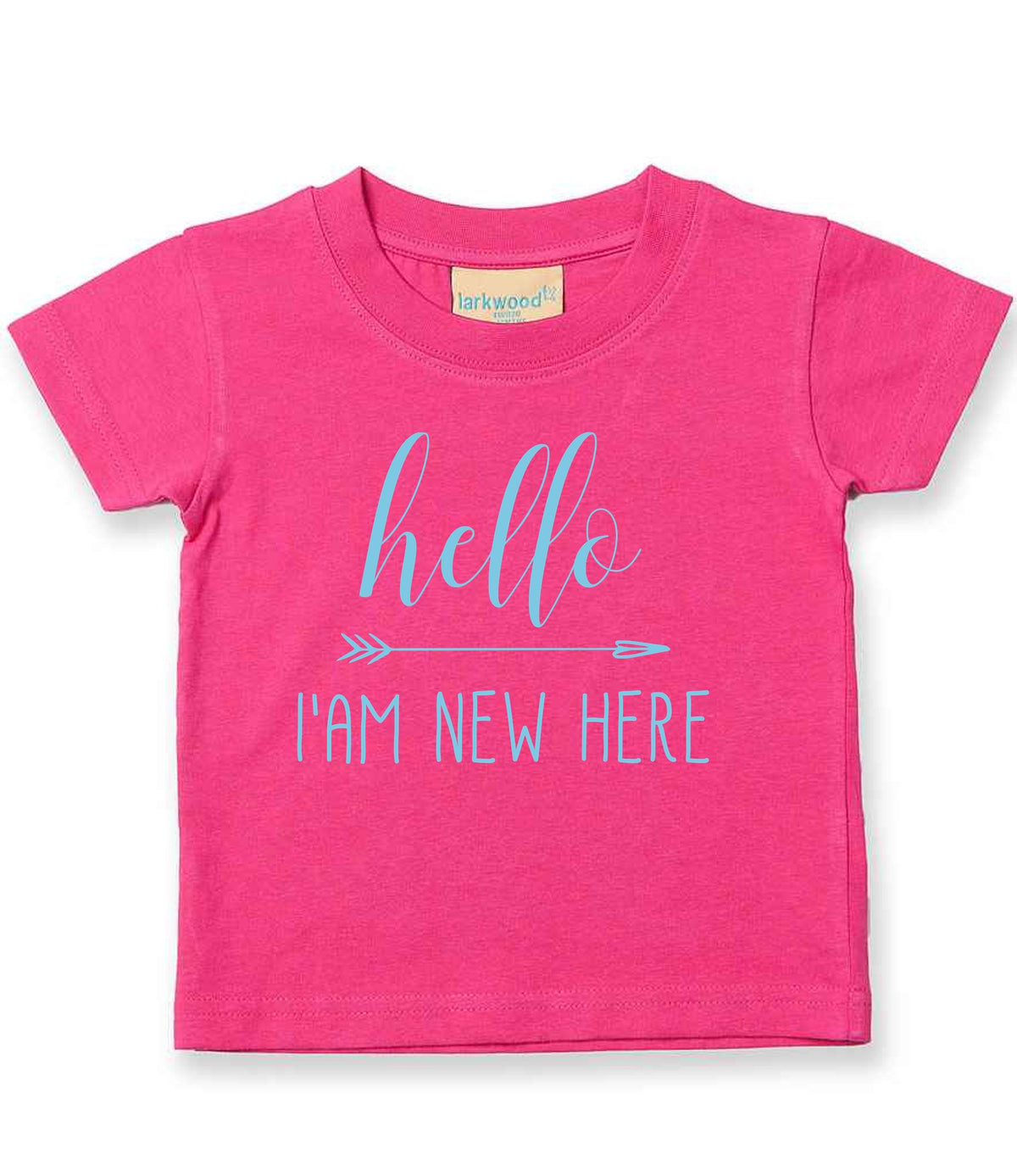 Hello I'AM NEW HERE – Baby T-Shirt in Fuchsia with Baby Blue vinyl