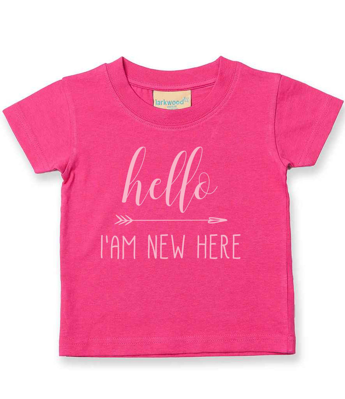 Hello I'AM NEW HERE – Baby T-Shirt in Fuchsia with Baby Pink vinyl