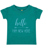Hello I'AM NEW HERE – Baby T-Shirt in Jade with Baby Blue vinyl