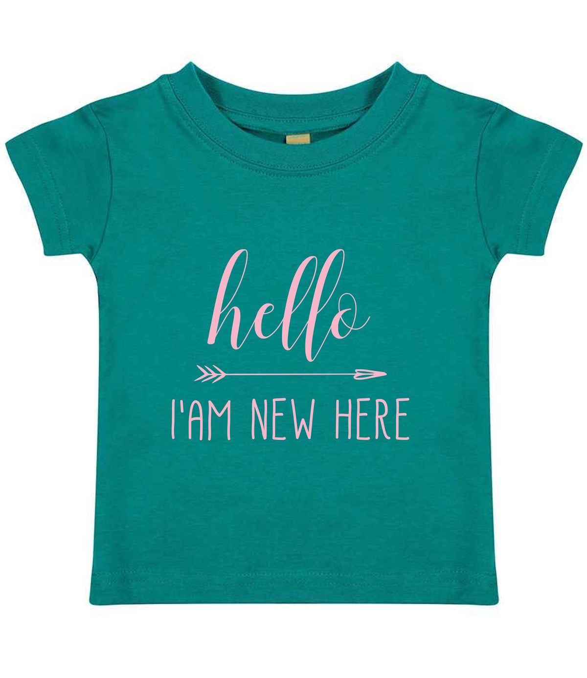 Hello I'AM NEW HERE – Baby T-Shirt in Jade with Baby Pink vinyl