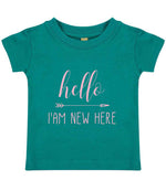 Hello I'AM NEW HERE – Baby T-Shirt in Jade with Baby Pink vinyl