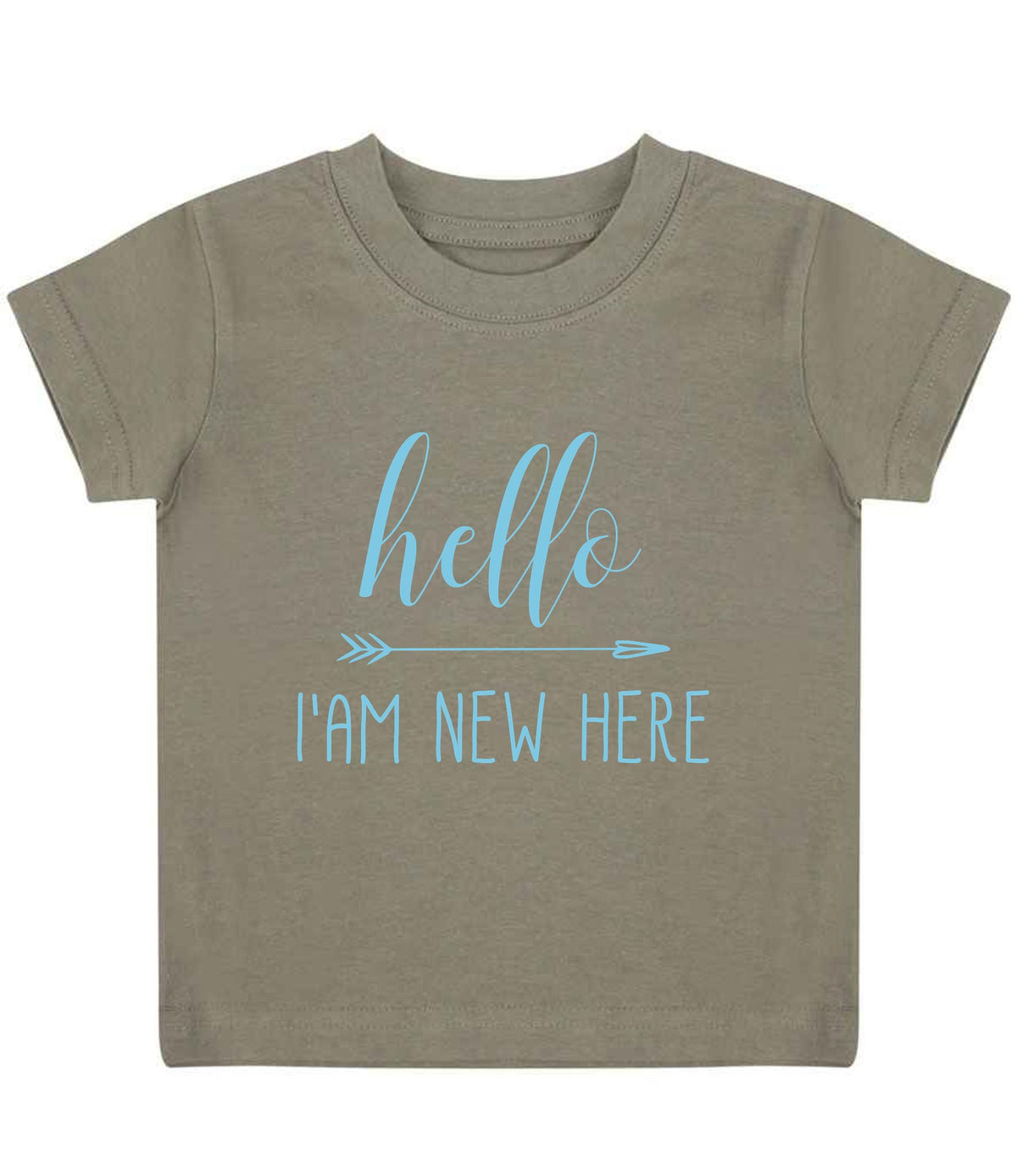 Hello I'AM NEW HERE – Baby T-Shirt in Khaki with Baby Blue vinyl