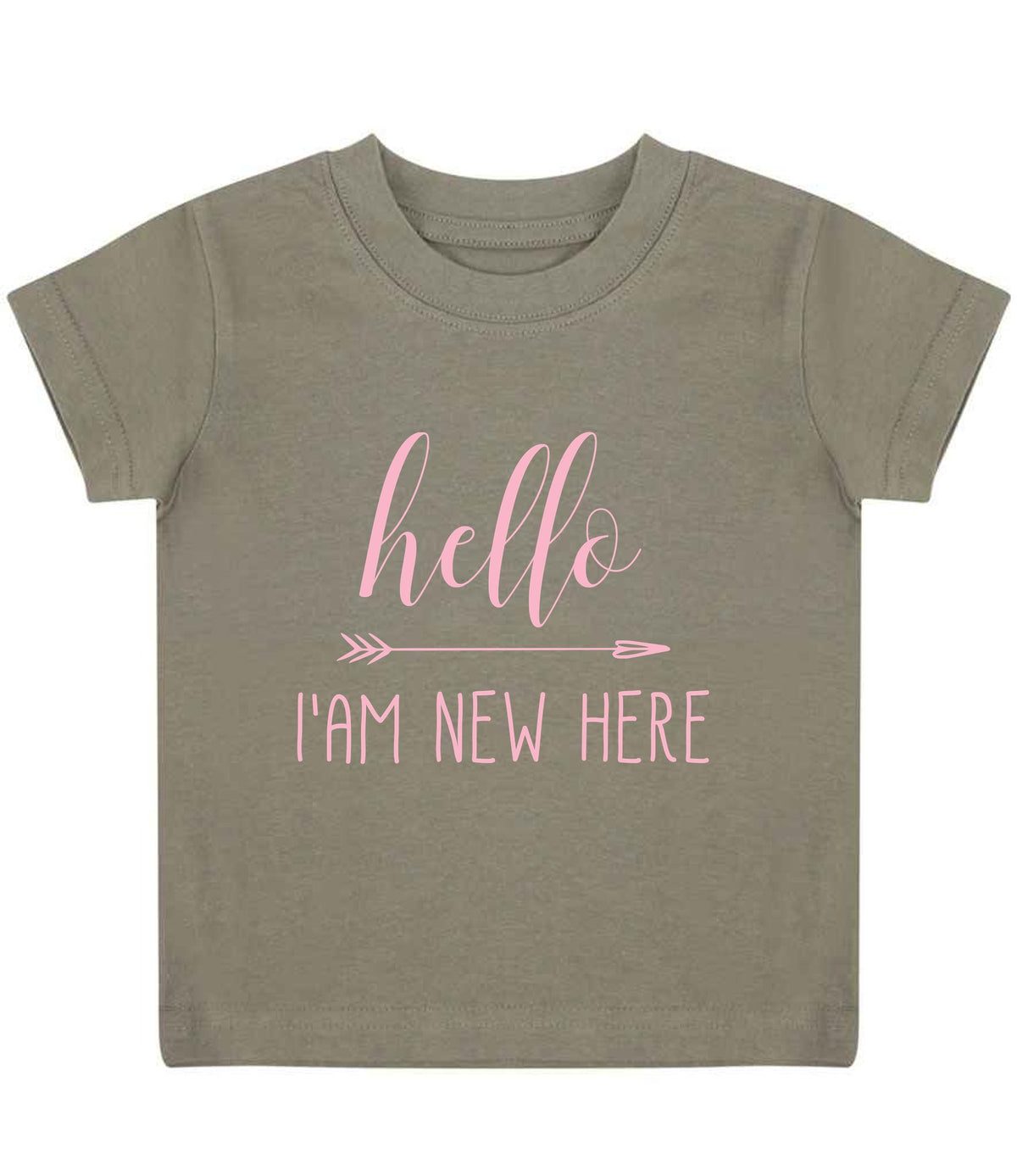 Hello I'AM NEW HERE – Baby T-Shirt in Khaki with Baby Pink vinyl