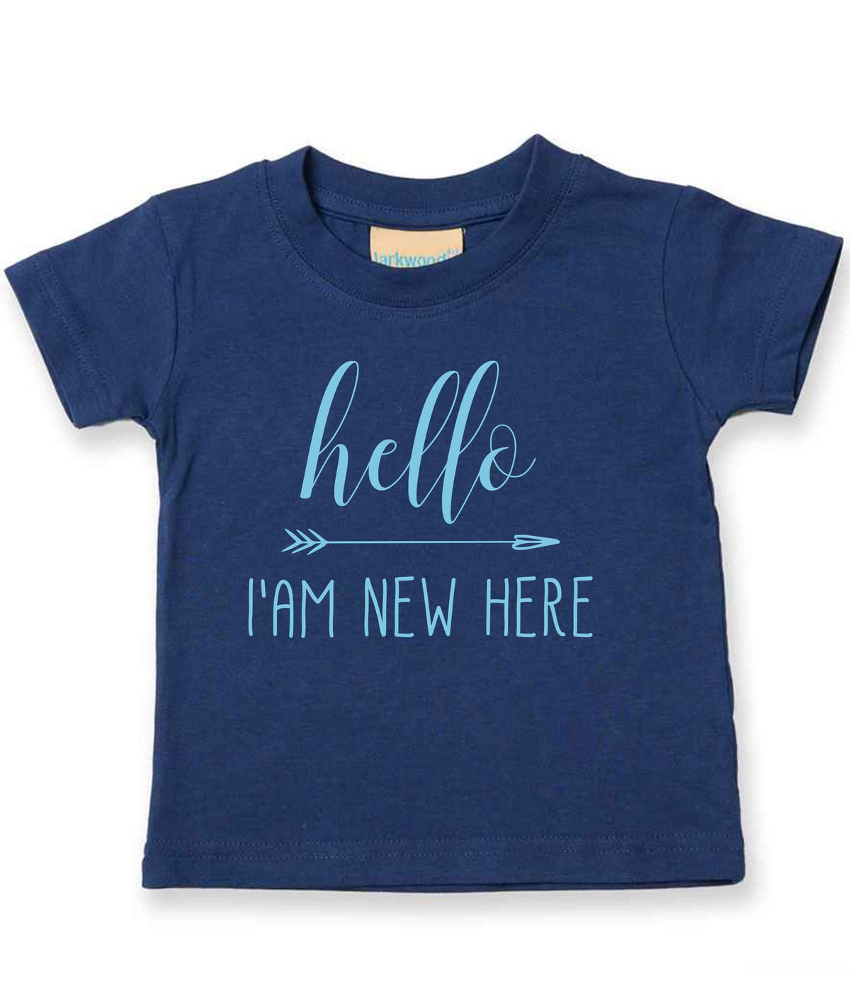 Hello I'AM NEW HERE – Baby T-Shirt in Navy with Baby Blue vinyl