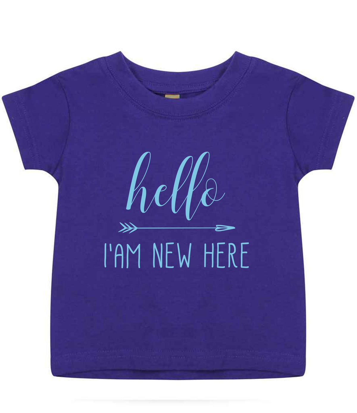 Hello I'AM NEW HERE – Baby T-Shirt in Purple with Baby Blue vinyl
