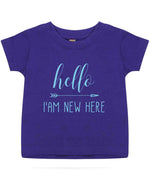 Hello I'AM NEW HERE – Baby T-Shirt in Purple with Baby Blue vinyl