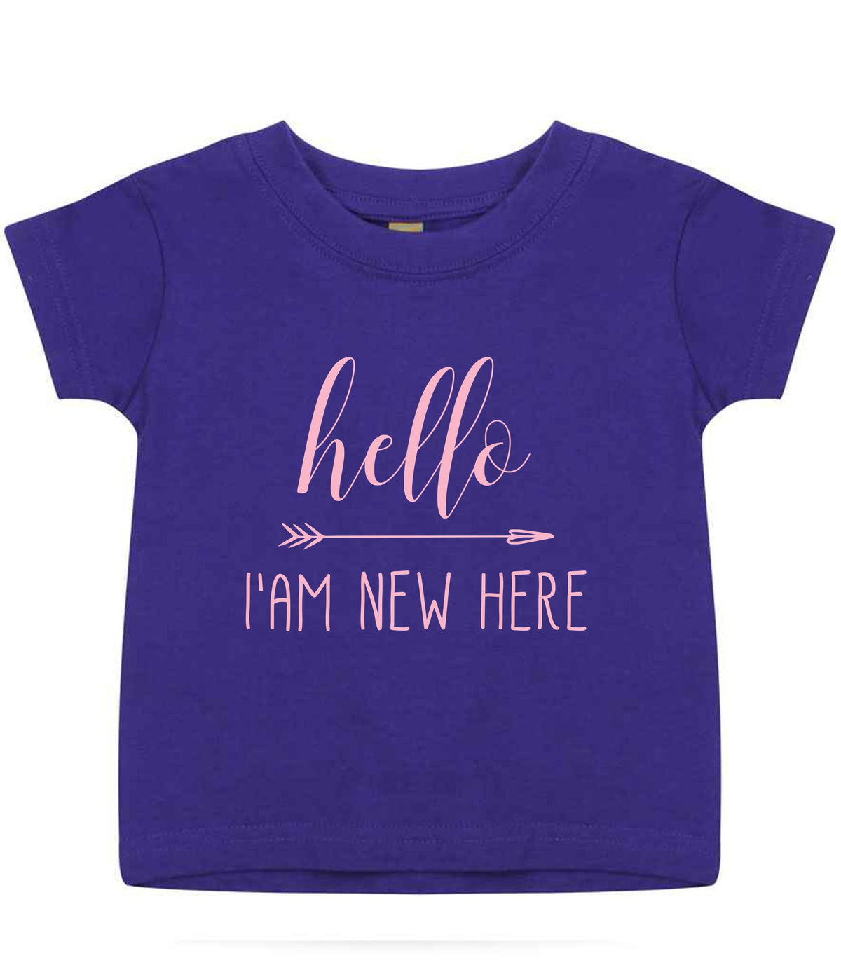 Hello I'AM NEW HERE – Baby T-Shirt in Purple with Baby Pink vinyl