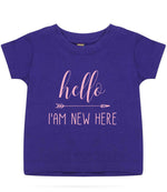 Hello I'AM NEW HERE – Baby T-Shirt in Purple with Baby Pink vinyl