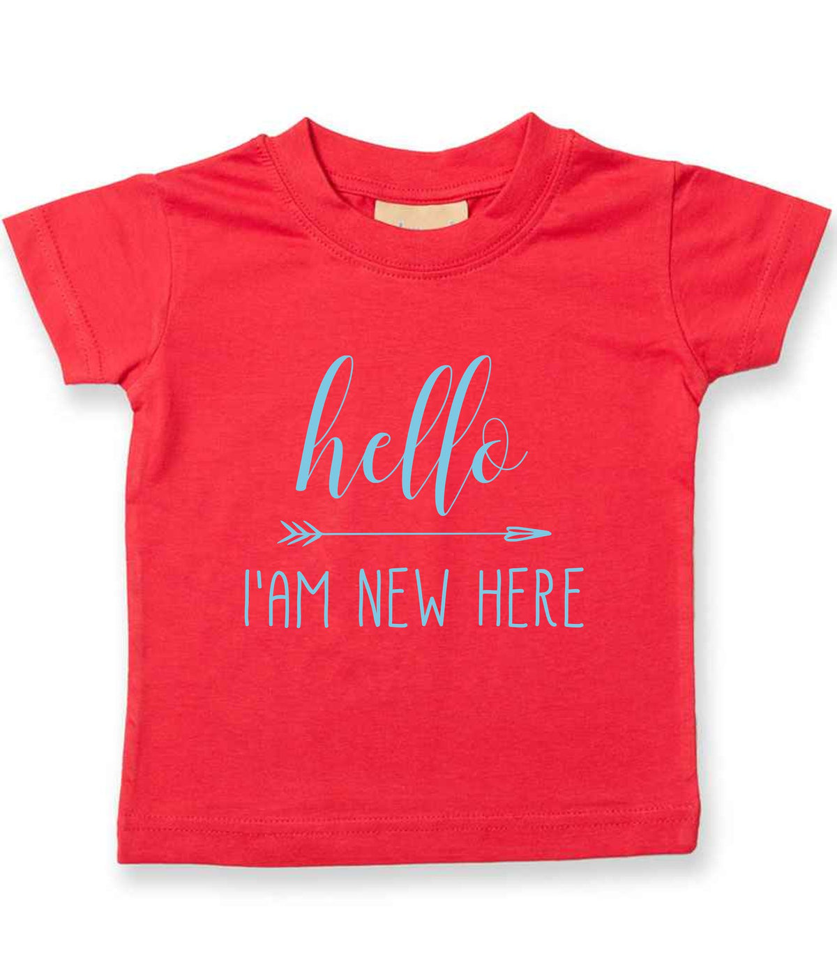 Hello I'AM NEW HERE – Baby T-Shirt in Red with Baby Blue vinyl