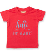 Hello I'AM NEW HERE – Baby T-Shirt in Red with Baby Blue vinyl