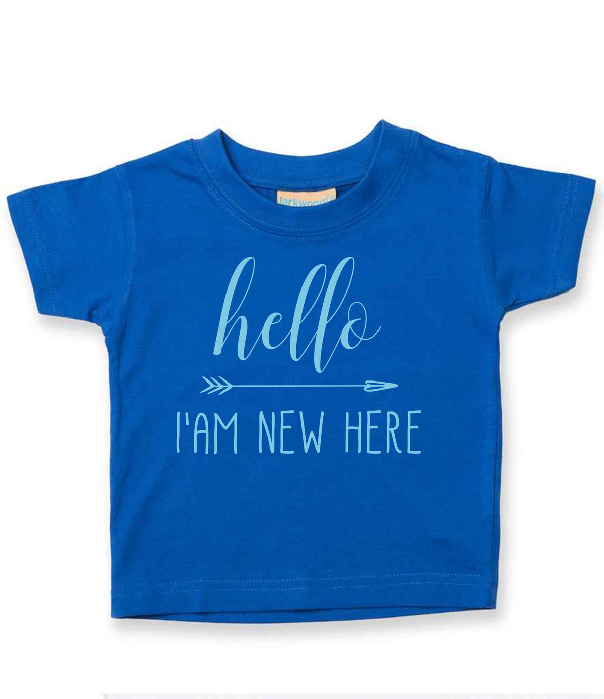 Hello I'AM NEW HERE – Baby T-Shirt in Royal Blue with Baby Blue vinyl