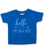 Hello I'AM NEW HERE – Baby T-Shirt in Royal Blue with Baby Blue vinyl