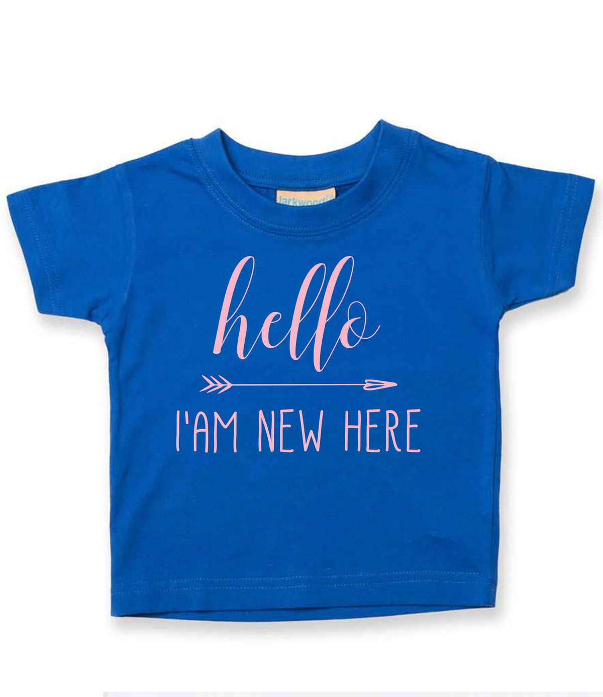 Hello I'AM NEW HERE – Baby T-Shirt in Royal Blue with Baby Pink vinyl
