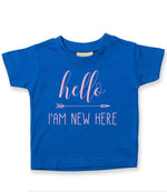 Hello I'AM NEW HERE – Baby T-Shirt in Royal Blue with Baby Pink vinyl