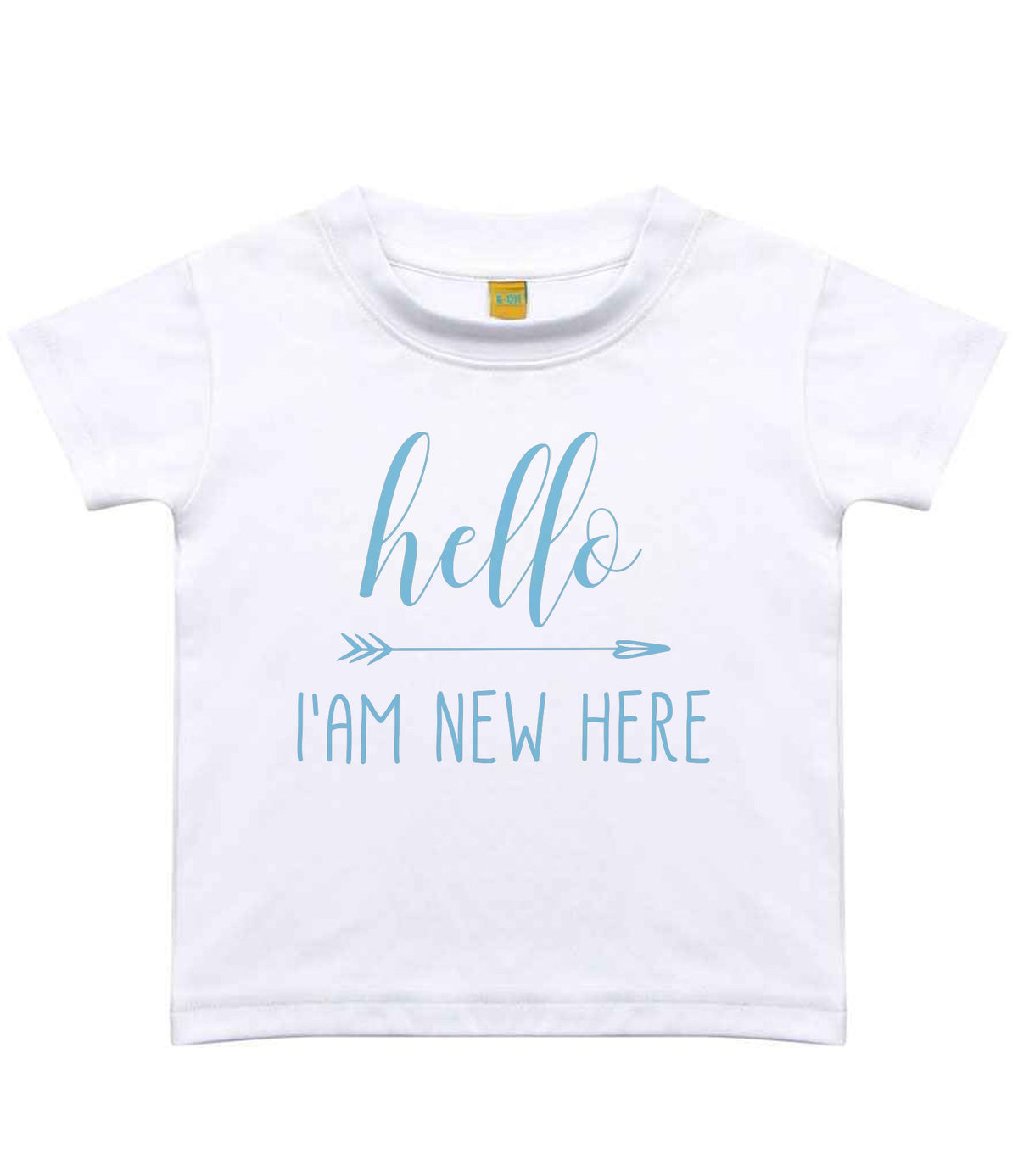 Hello I'AM NEW HERE – Baby T-Shirt in Sublimation White with Baby Blue vinyl