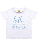 Hello I'AM NEW HERE – Baby T-Shirt in Sublimation White with Baby Blue vinyl