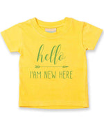 Hello I'AM NEW HERE – Baby T-Shirt in Sunflower with Baby Blue vinyl