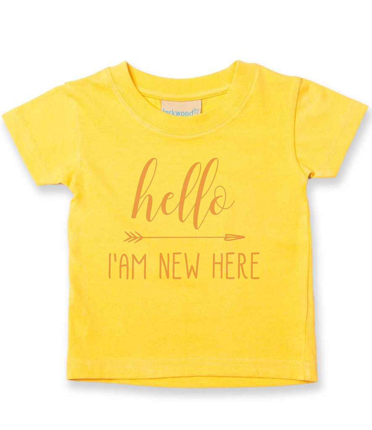 Hello I'AM NEW HERE – Baby T-Shirt in Sunflower with Baby Pink vinyl