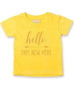 Hello I'AM NEW HERE – Baby T-Shirt in Sunflower with Baby Pink vinyl