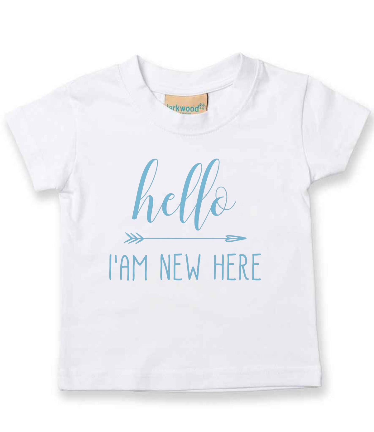 Hello I'AM NEW HERE – Baby T-Shirt in White with Baby Blue vinyl