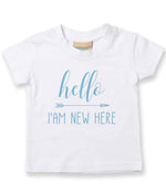 Hello I'AM NEW HERE – Baby T-Shirt in White with Baby Blue vinyl