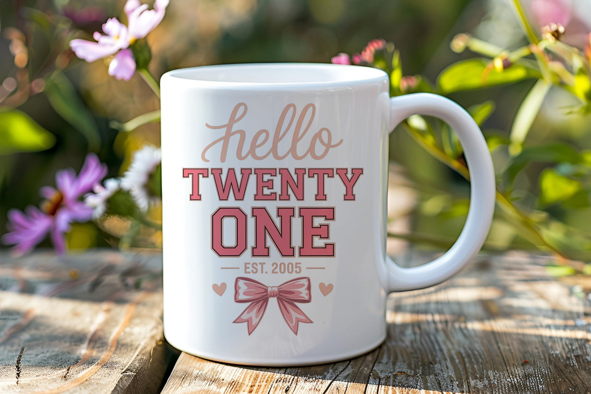 Hello TWENTY ONE EST. 2005 standard mug in white