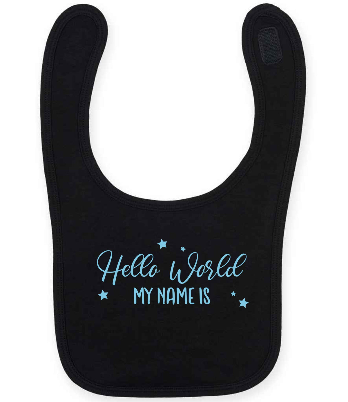 Customisable Hello World MY NAME IS – Larkwood Baby/Toddler Bib in Black with Baby Blue vinyl