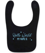 Customisable Hello World MY NAME IS – Larkwood Baby/Toddler Bib in Black with Baby Blue vinyl