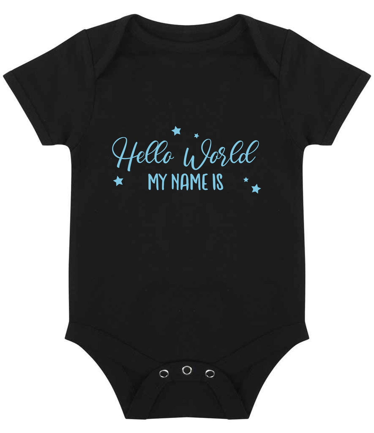 Customisable Hello World MY NAME IS – Larkwood Essential Short Sleeve Baby Bodysuit in Black with Baby Blue vinyl