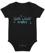 Customisable Hello World MY NAME IS – Larkwood Essential Short Sleeve Baby Bodysuit in Black with Baby Blue vinyl