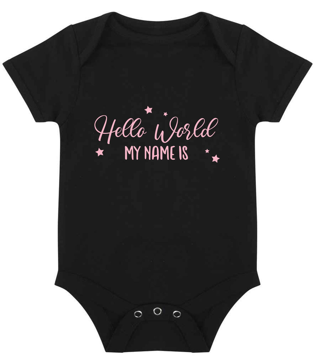 Customisable Hello World MY NAME IS – Larkwood Essential Short Sleeve Baby Bodysuit in Black with Baby Pink vinyl