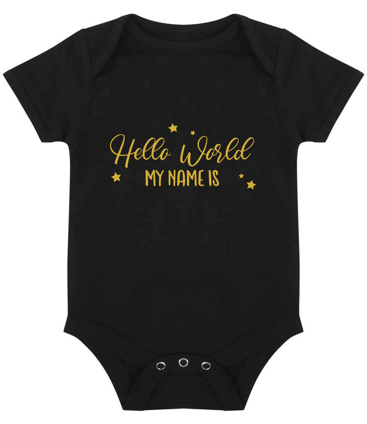 Customisable Hello World MY NAME IS – Larkwood Essential Short Sleeve Baby Bodysuit in Black with Gold vinyl