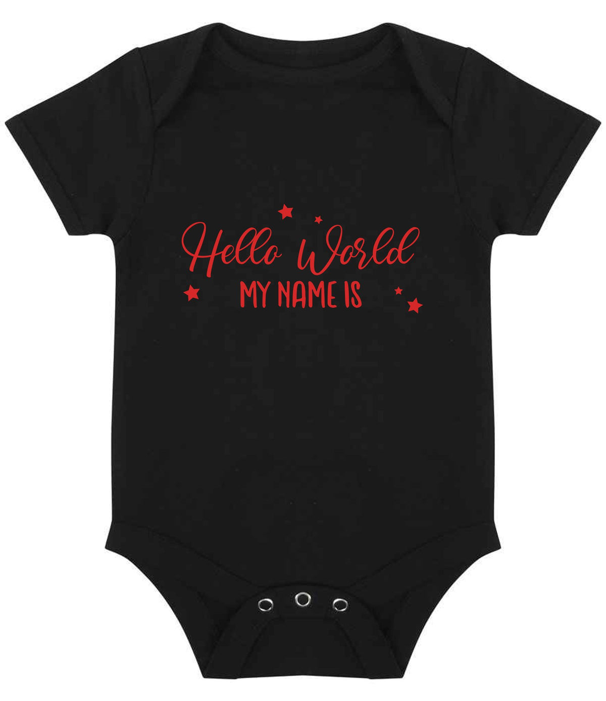 Customisable Hello World MY NAME IS – Larkwood Essential Short Sleeve Baby Bodysuit in Black with Red vinyl