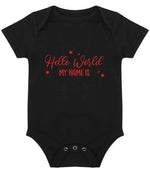 Customisable Hello World MY NAME IS – Larkwood Essential Short Sleeve Baby Bodysuit in Black with Red vinyl