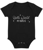 Customisable Hello World MY NAME IS – Larkwood Essential Short Sleeve Baby Bodysuit in Black with Silver vinyl