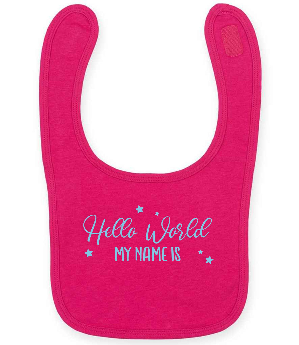 Customisable Hello World MY NAME IS – Larkwood Baby/Toddler Bib in Fuchsia with Baby Blue vinyl