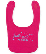 Customisable Hello World MY NAME IS – Larkwood Baby/Toddler Bib in Fuchsia with Baby Blue vinyl