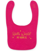 Customisable Hello World MY NAME IS – Larkwood Baby/Toddler Bib in Fuchsia with Gold vinyl