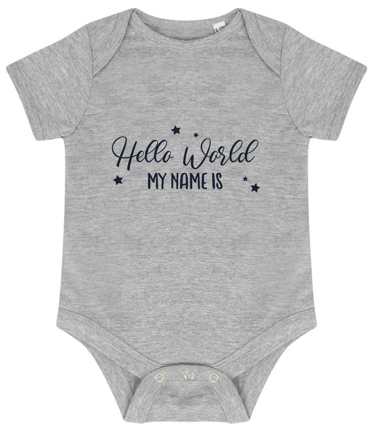 Customisable Hello World MY NAME IS – Larkwood Essential Short Sleeve Baby Bodysuit in Heather Grey with Navy vinyl