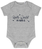 Customisable Hello World MY NAME IS – Larkwood Essential Short Sleeve Baby Bodysuit in Heather Grey with Navy vinyl