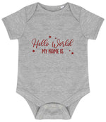 Customisable Hello World MY NAME IS – Larkwood Essential Short Sleeve Baby Bodysuit in Heather Grey with Red vinyl